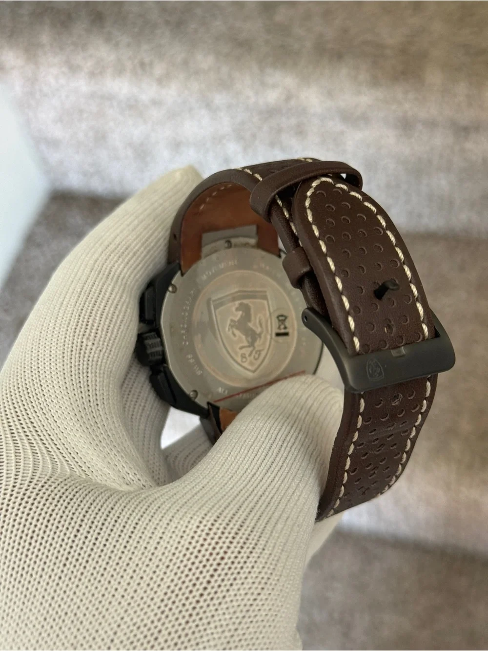 Ferrari F1 classBlack Dial Chronograph Watch with Yellow Accents and Brown Strap